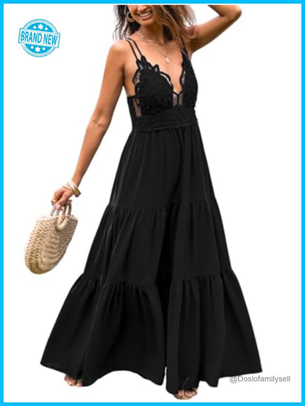Women's Lace Cutout Plunge V-Neck Backless Maxi Dress Tiered Ruffle Sleeveless